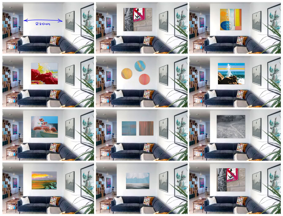Probe "hängen" via Photoshop - Senden Sie mir ein bemaßtes, gerades Foto einer Wand, an der Sie sich meine Bilder vorstellen können und dazu gerne eine Auswahl Ihrer Favoriten!  Es wäre mir ein Vergnügen, diese via Photoshop für Sie Probe zu „hängen“.
