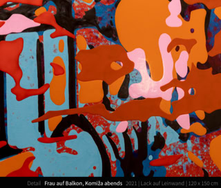 Frau auf Balkon, Komiža abends - Detail  